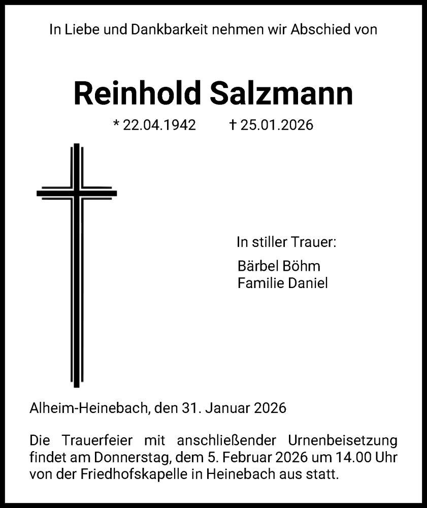  Traueranzeige für Reinhold Salzmann vom 31.01.2026 aus HNA