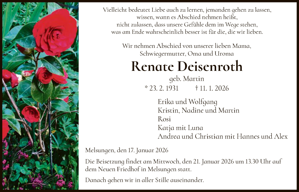  Traueranzeige für Renate Deisenroth vom 17.01.2026 aus HNA