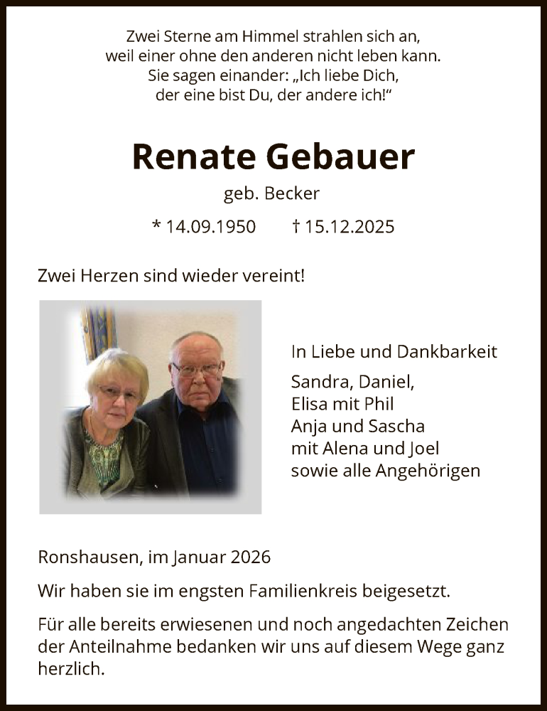  Traueranzeige für Renate Gebauer vom 09.01.2026 aus HNA