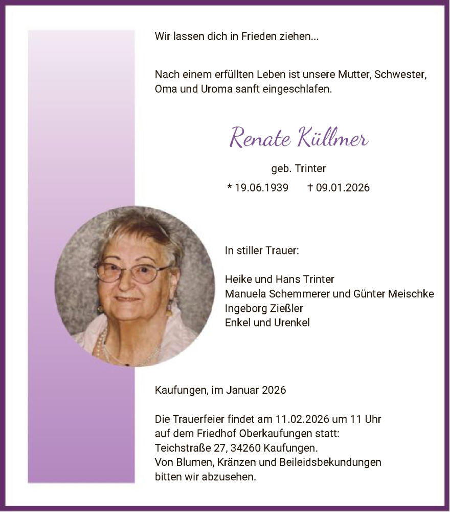  Traueranzeige für Renate Küllmer vom 24.01.2026 aus HNA