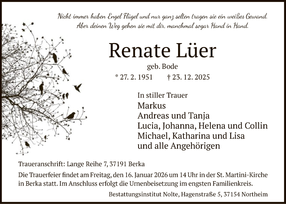  Traueranzeige für Renate Lüer vom 10.01.2026 aus HNA