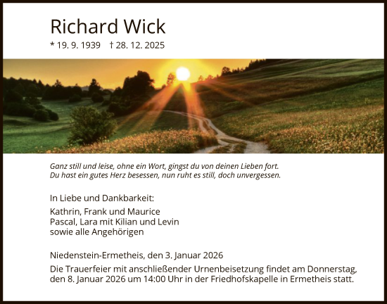 Traueranzeige von Richard Wick von HNA