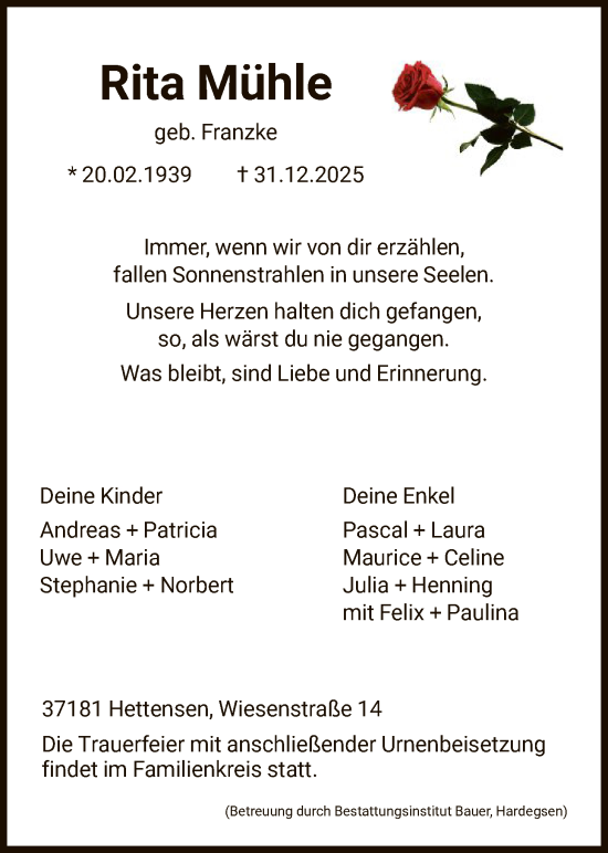 Traueranzeige von Rita Mühle von HNA