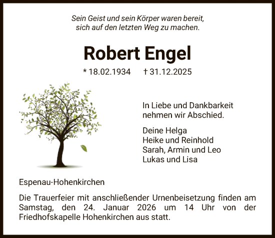 Traueranzeige von Robert Engel von HNA