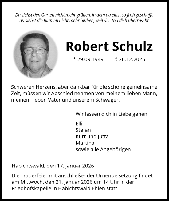 Traueranzeige von Robert Schulz von HNA