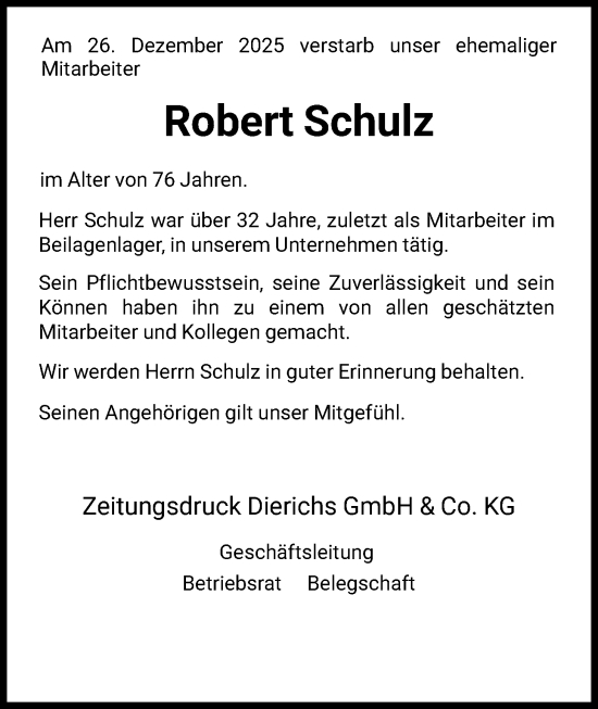 Traueranzeige von Robert Schulz von HNA