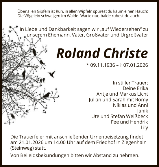 Traueranzeige von Roland Christe von HNA