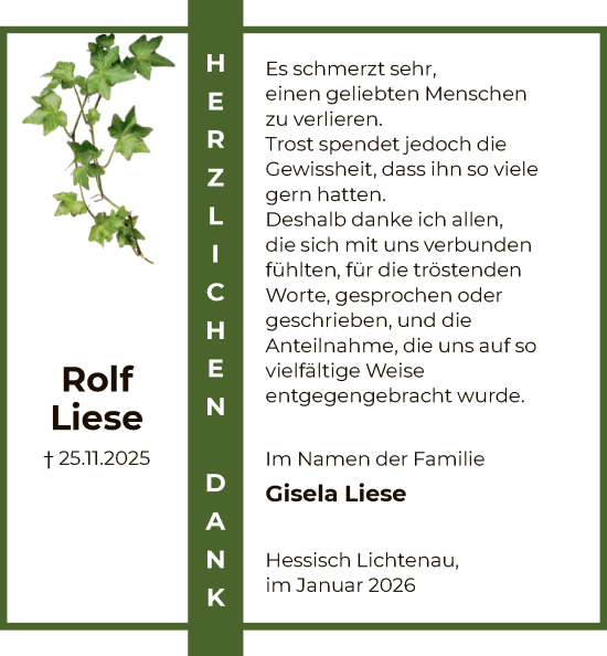 Traueranzeige von Rolf Liese von HNA