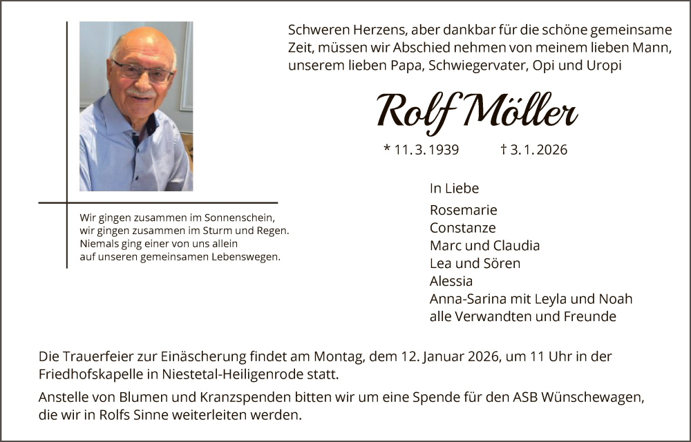  Traueranzeige für Rolf Möller vom 09.01.2026 aus HNA