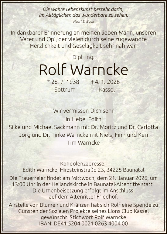 Traueranzeige von Rolf Warncke von HNA