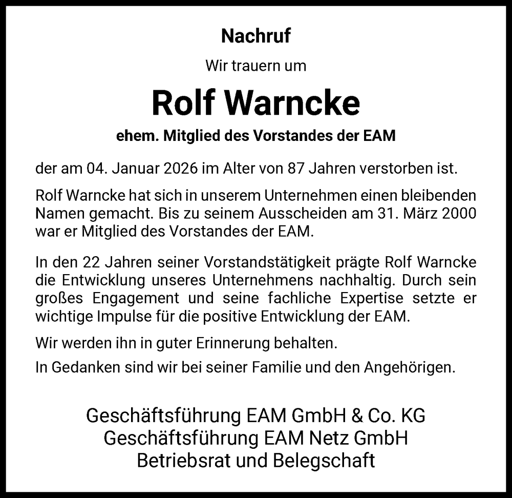  Traueranzeige für Rolf Warncke vom 10.01.2026 aus HNA