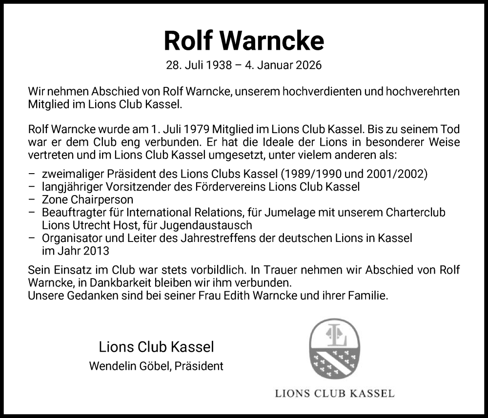  Traueranzeige für Rolf Warncke vom 10.01.2026 aus HNA