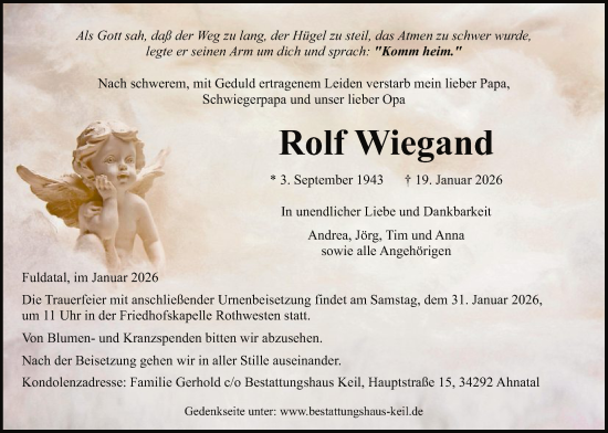 Traueranzeige von Rolf Wiegand von HNA