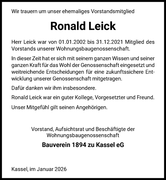 Traueranzeige von Ronald Leick von HNA