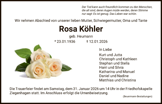 Traueranzeige von Rosa Köhler von HNAHNA