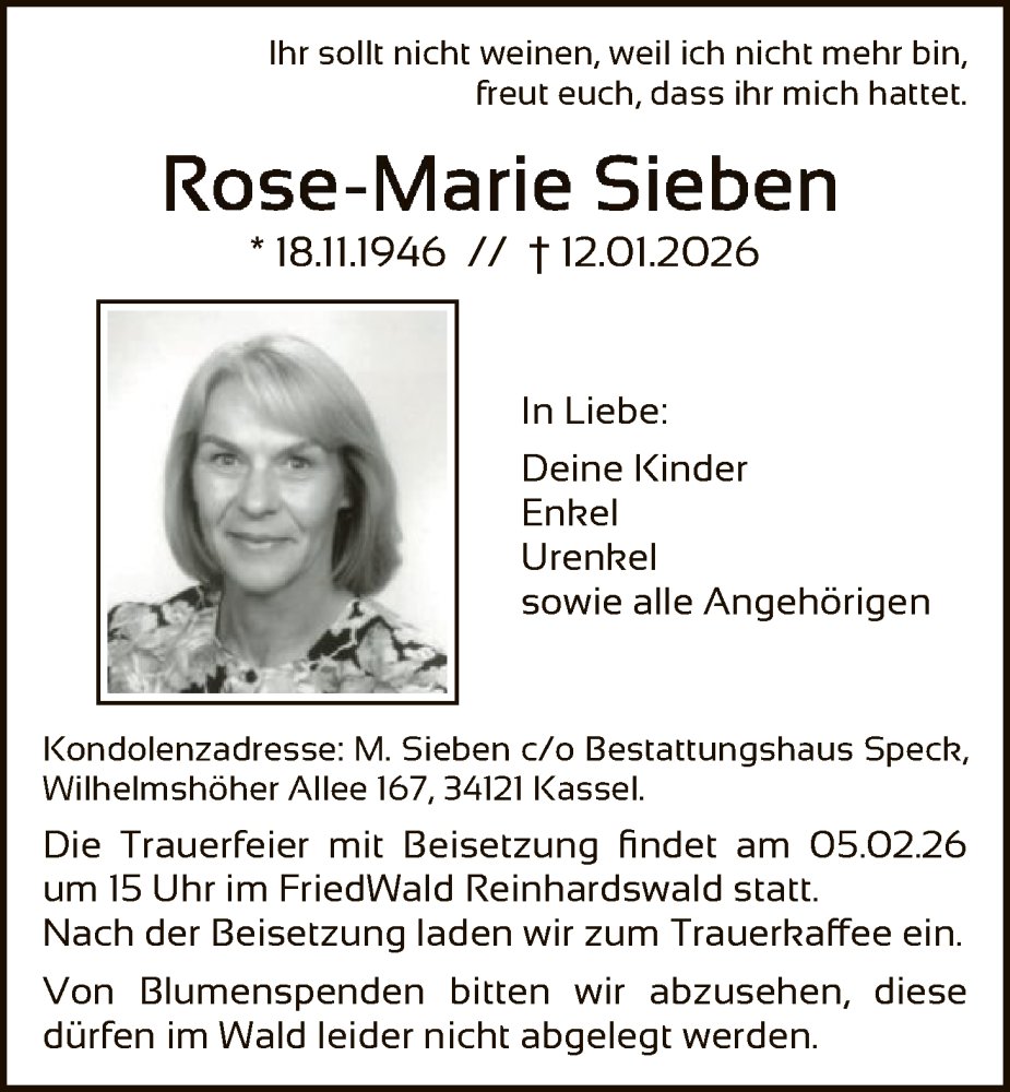  Traueranzeige für Rose-Marie Sieben vom 31.01.2026 aus HNAHNA