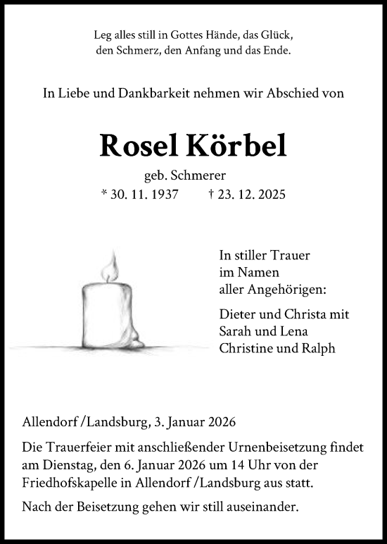 Traueranzeige von Rosel Körbel von HNA