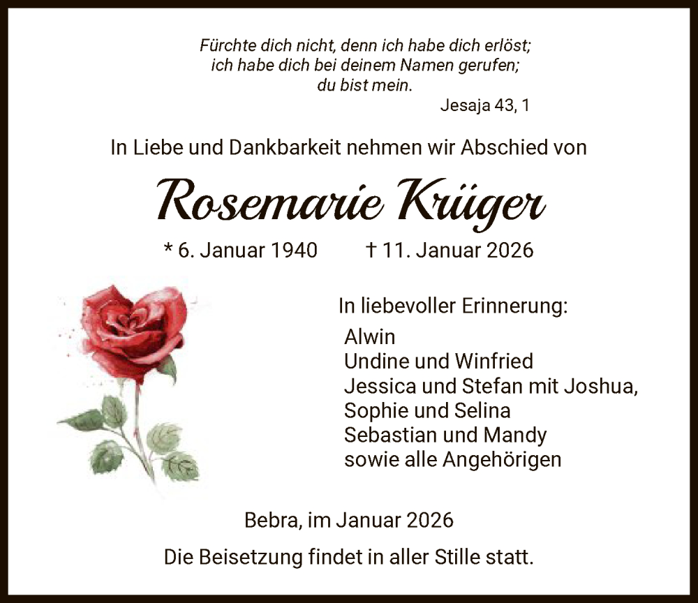  Traueranzeige für Rosemarie Krüger vom 24.01.2026 aus HNAHN