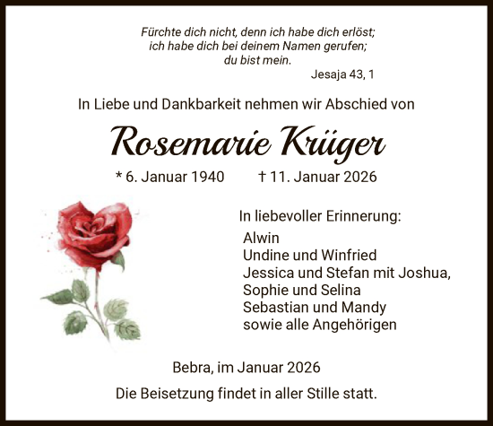 Traueranzeige von Rosemarie Krüger von HNAHN