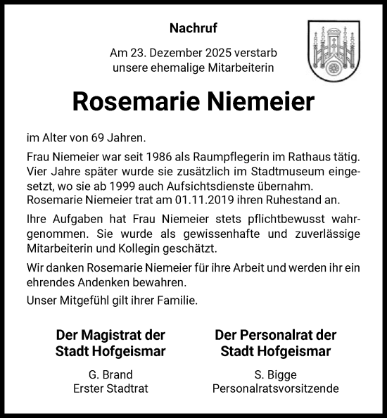 Traueranzeige von Rosemarie Niemeier von HNA