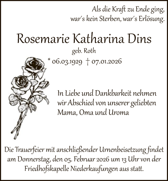 Traueranzeige von Rosemarie Katharina Dins von HNA