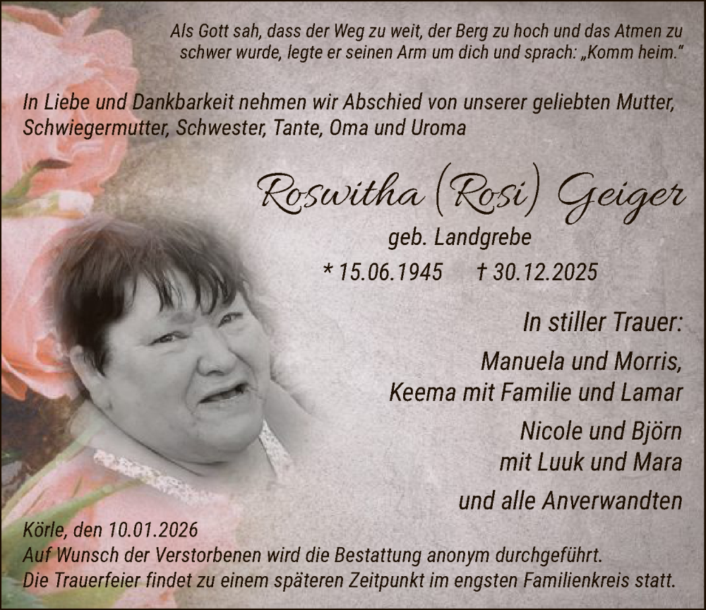  Traueranzeige für Roswitha Geiger vom 10.01.2026 aus HNA