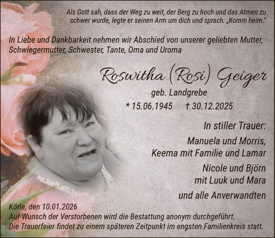 Traueranzeige von Roswitha Geiger von HNA