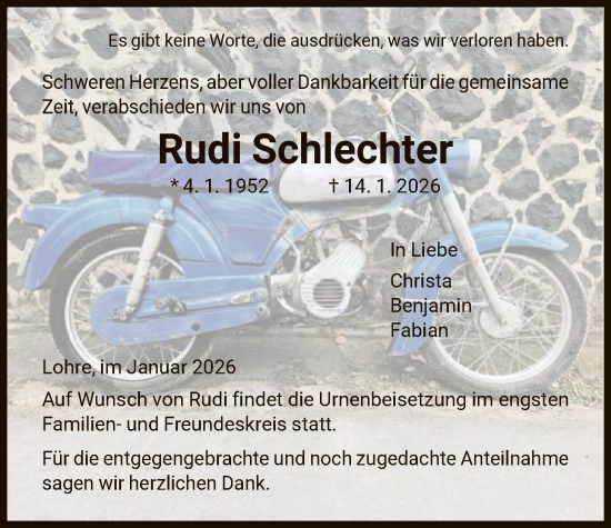 Traueranzeige von Rudi Schlechter von HNA