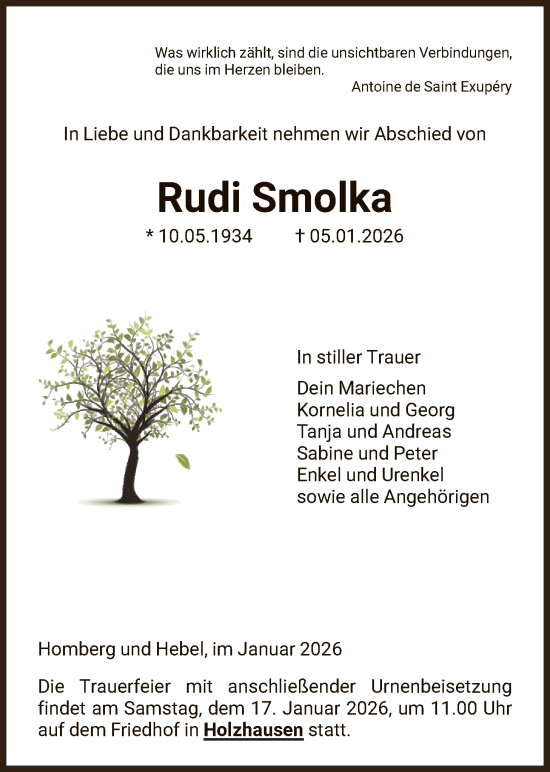 Traueranzeige von Rudi Smolka von HNA