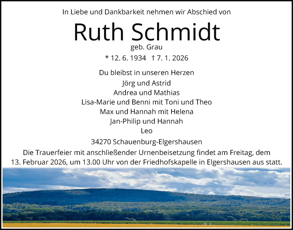  Traueranzeige für Ruth Schmidt vom 24.01.2026 aus HNA