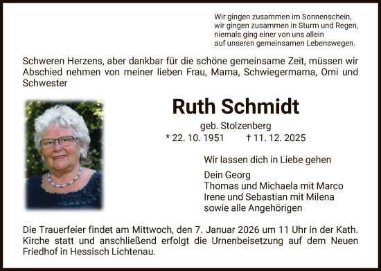 Traueranzeige von Ruth Schmidt von HNA