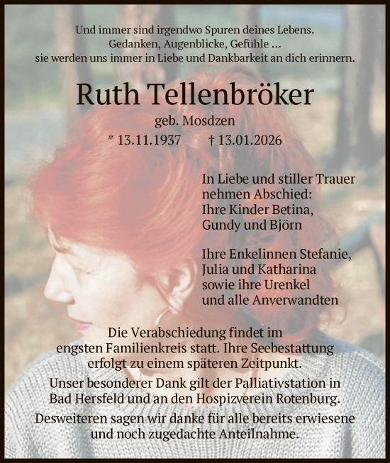 Traueranzeige von Ruth Tellenbröker von HNA