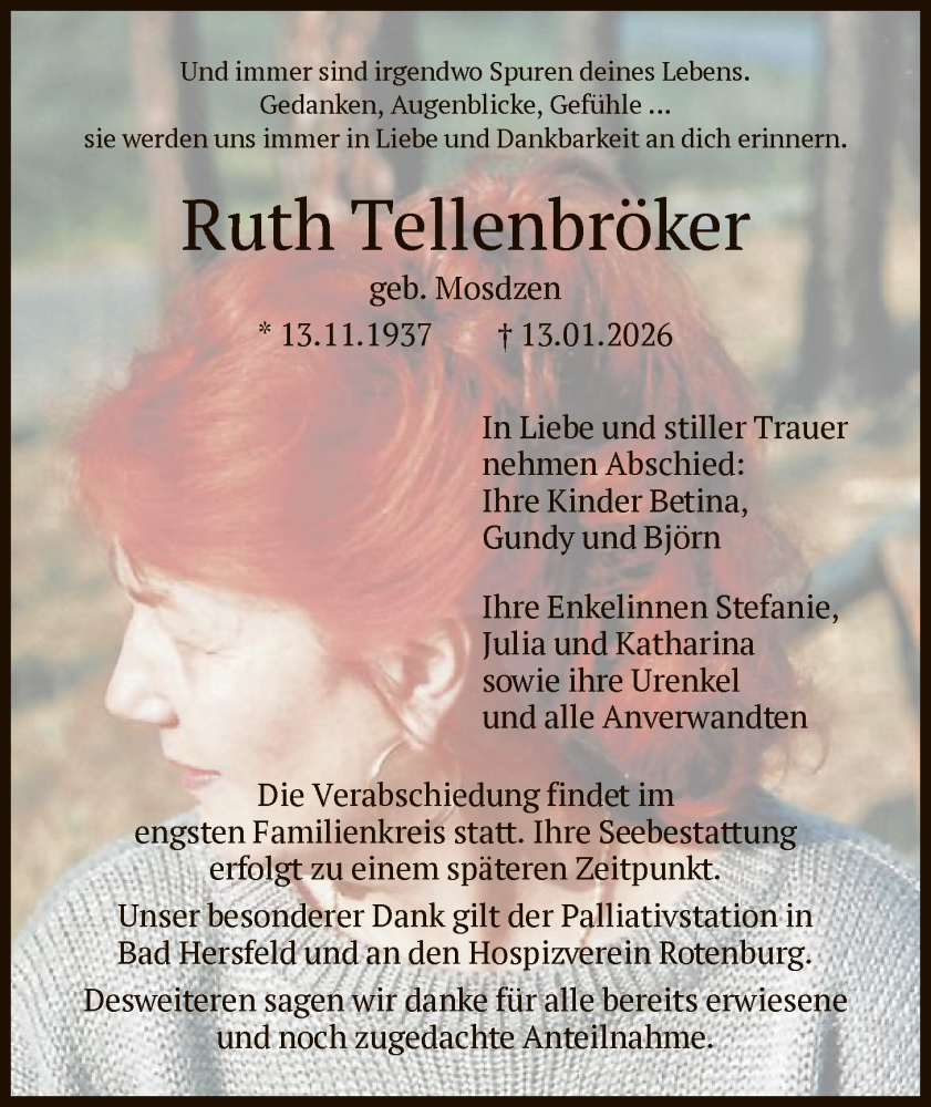  Traueranzeige für Ruth Tellenbröker vom 31.01.2026 aus HNA