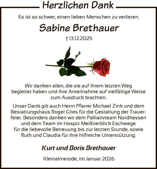Traueranzeige von Sabine Brethauer von HNA