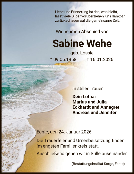 Traueranzeige von Sabine Wehe von HNA