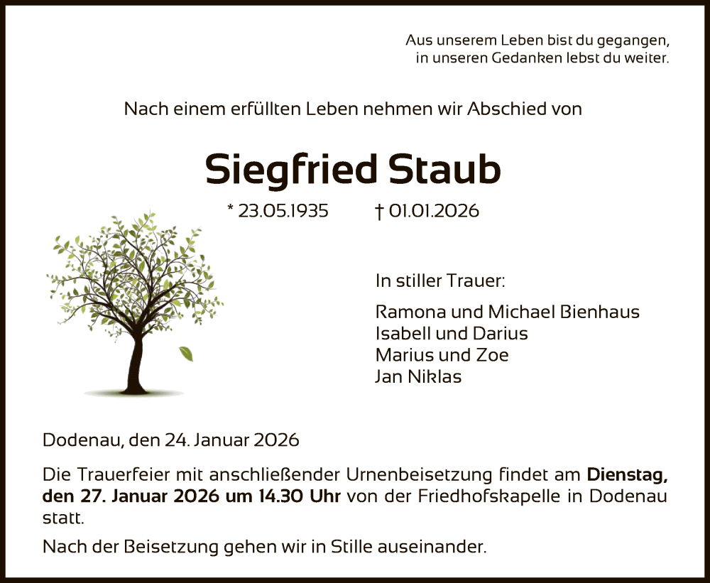  Traueranzeige für Siegfried Staub vom 24.01.2026 aus HNA