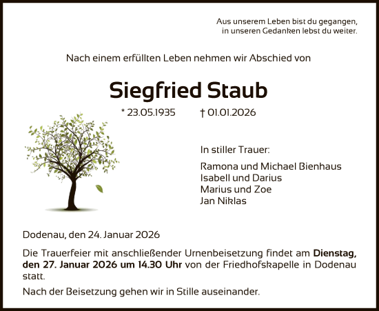 Traueranzeige von Siegfried Staub von HNA