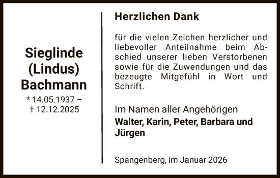Traueranzeige von Sieglinde Bachmann von HNA