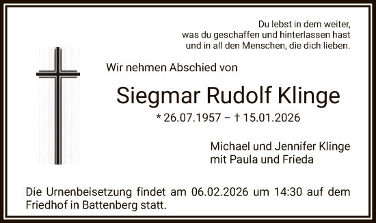 Traueranzeige von Siegmar Rudolf Klinge von HNA