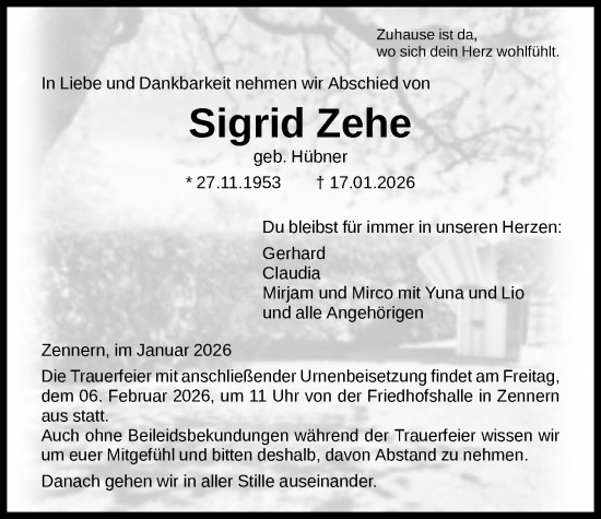 Traueranzeige von Sigrid Zehe von HNA