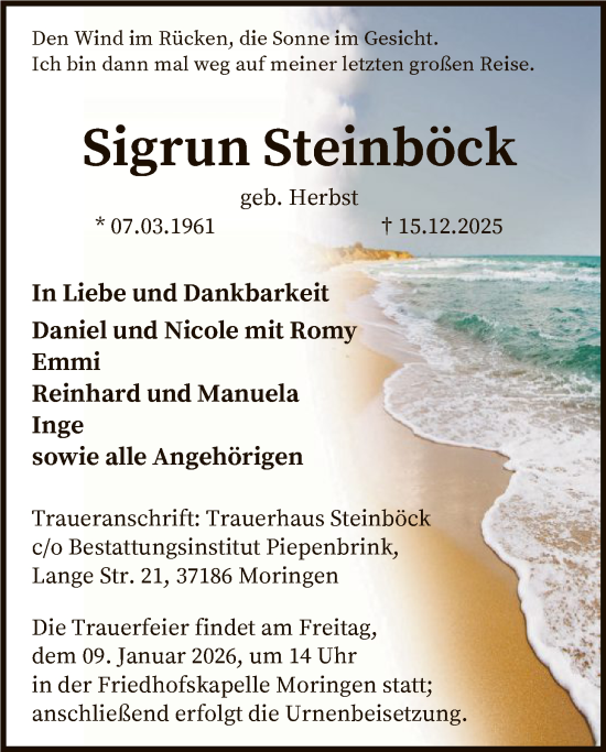 Traueranzeige von Sigrun Steinböck von HNA