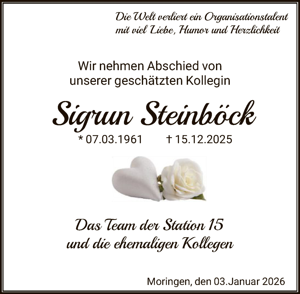  Traueranzeige für Sigrun Steinböck vom 03.01.2026 aus HNA