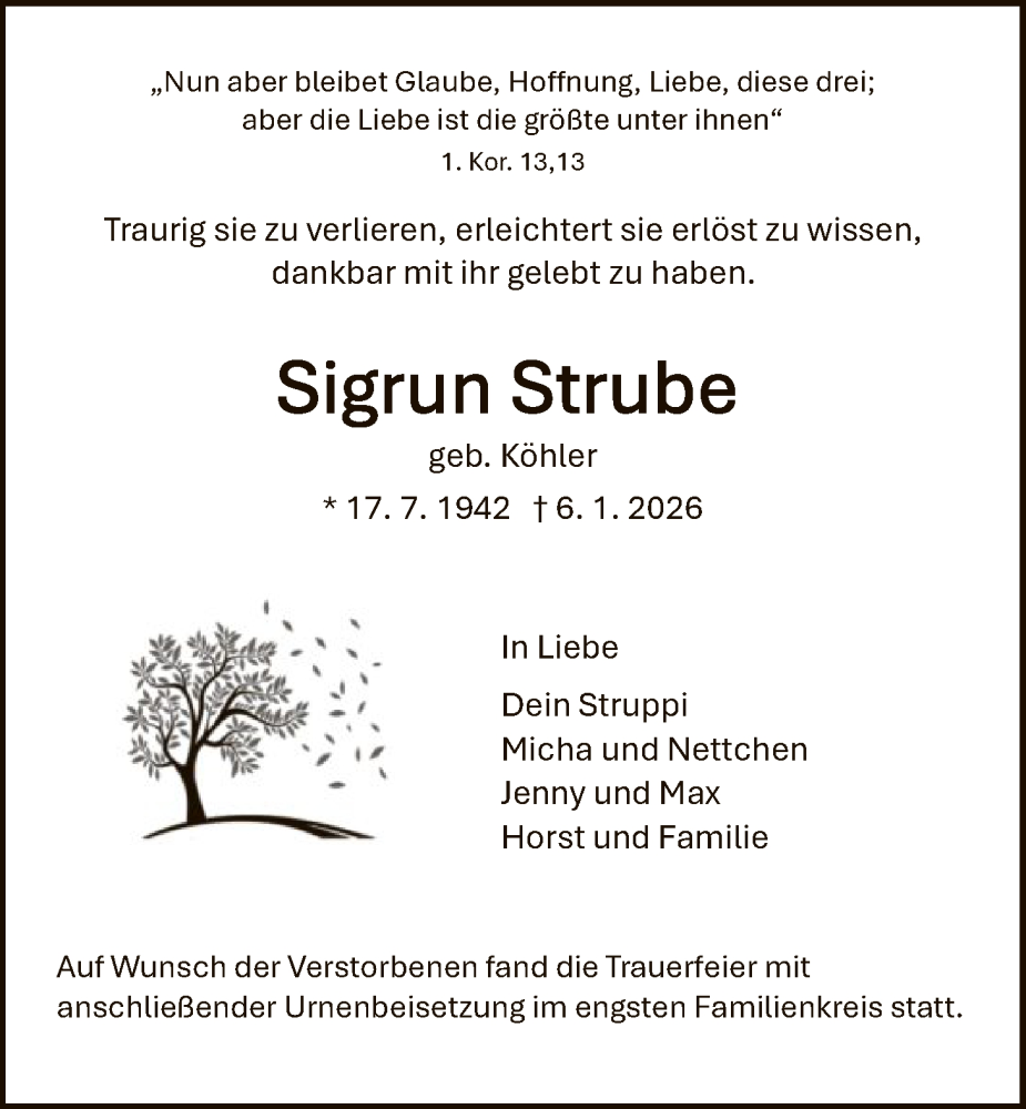 Traueranzeige für Sigrun Strube vom 24.01.2026 aus HNA