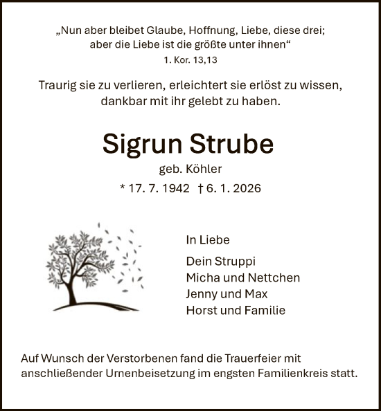 Traueranzeige von Sigrun Strube von HNA