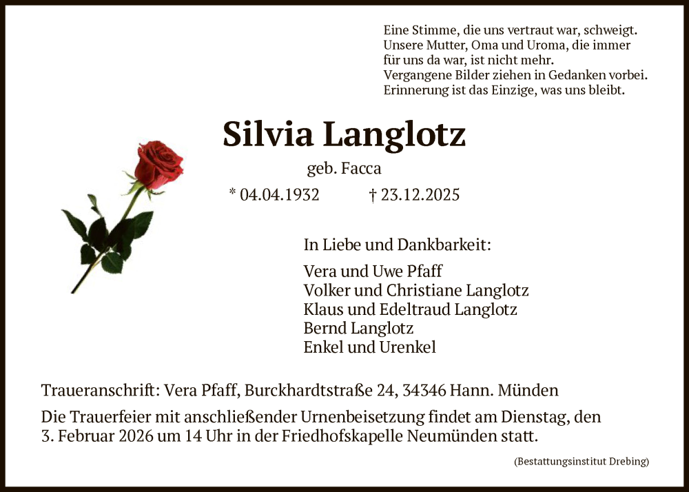  Traueranzeige für Silvia Langlotz vom 24.01.2026 aus HNA