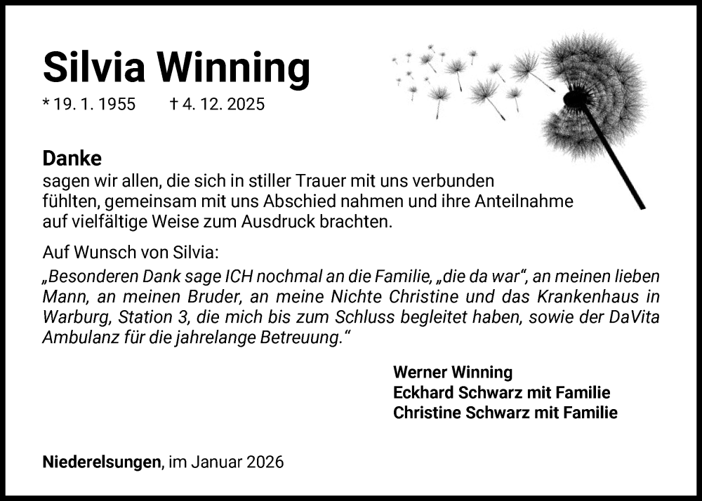 Traueranzeige für Silvia Winning vom 17.01.2026 aus HNA