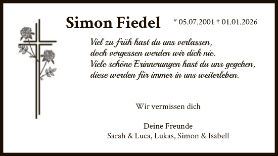 Traueranzeige von Simon Fiedel von HNA