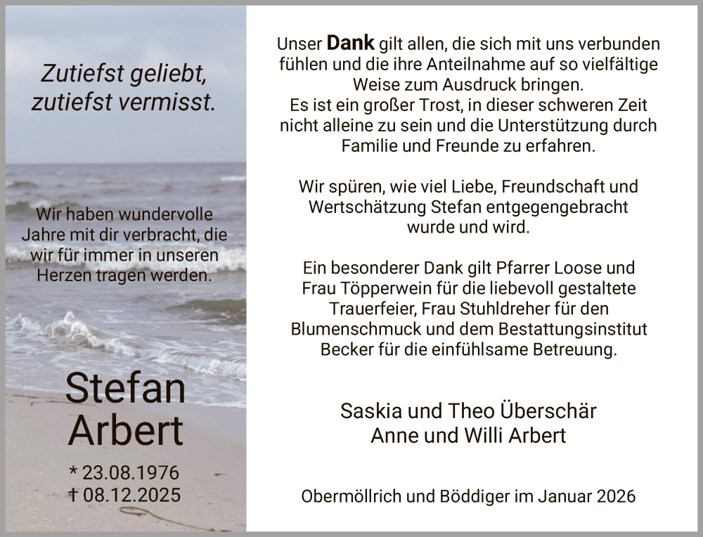  Traueranzeige für Stefan Arbert vom 31.01.2026 aus HNAHNA