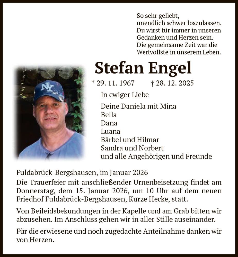  Traueranzeige für Stefan Engel vom 10.01.2026 aus HNA