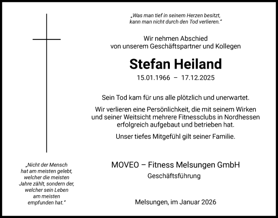 Traueranzeige von Stefan Heiland von HNA